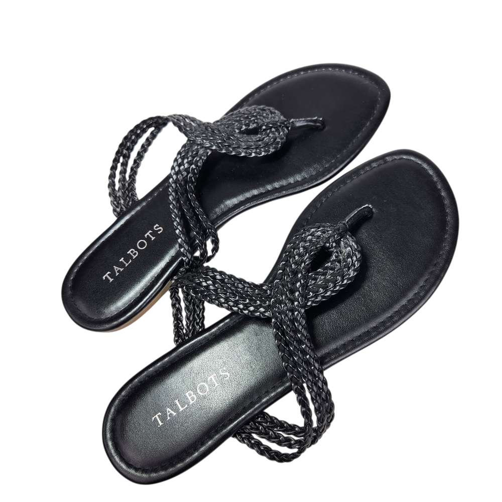 Talbots Braided Thong Sandals Size 8 Black Vegan Leather Slip-On Flat Casual - Picture 2 of 6